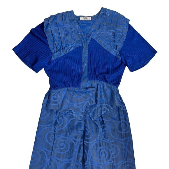 VTG GIUSI SLAVIERO Pant Suit Italy Sapphire Blue Damask Silk Sz M - Picture 2 of 9
